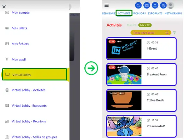 Image montrant l'onglet Virtual Lobby avec l'onglet Activités.