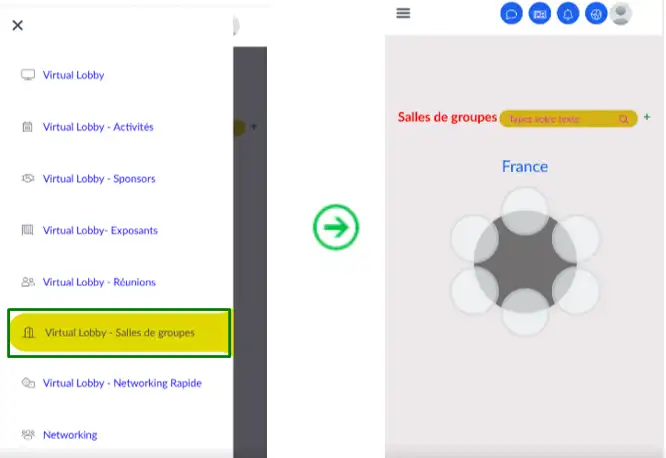 L'onglet des Salles de groupes dans le Virtual Lobby
