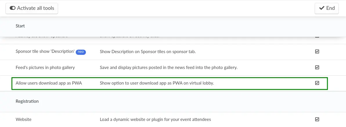 Screenshot showing the Allow users download app as PWA tool in Event tools.