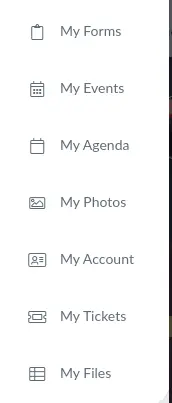 My app, account, agenda, Events, files, forms, and tickets on the attendee center menu