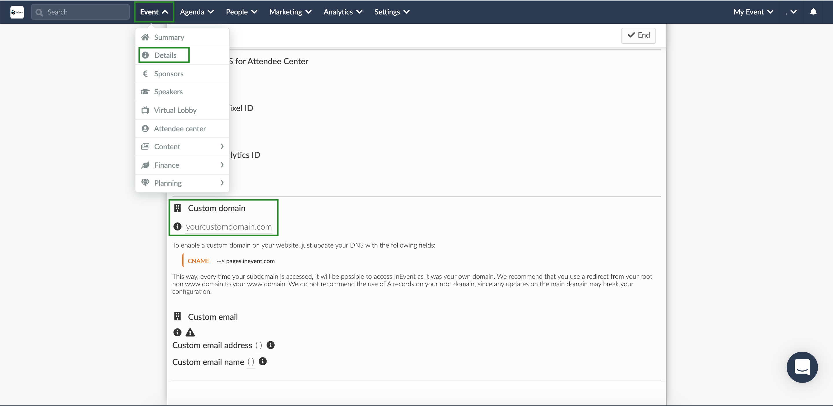 Screenshot of the steps Event > Details > Custom Domain