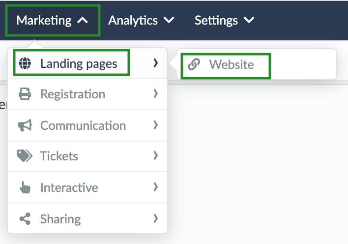 Screenshot of the steps Marketing > Landing Page > Website