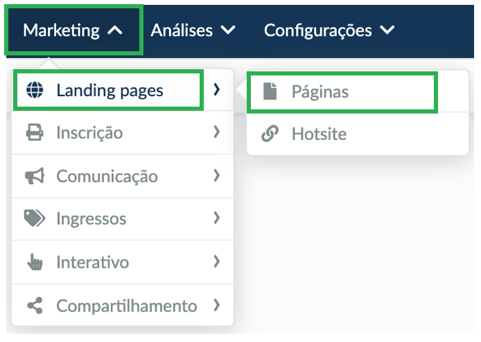 Captura de tela de Marketing > Landing Pages > Páginas