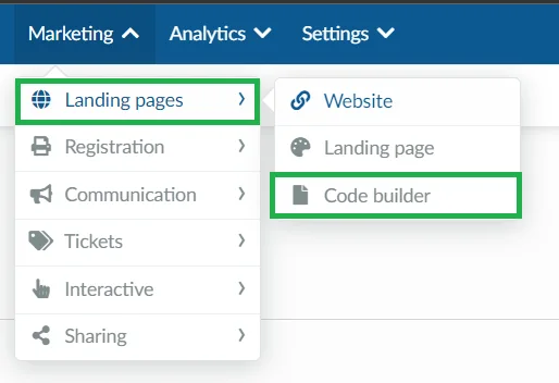 Screenshot of the steps to go to the Landing page configuration