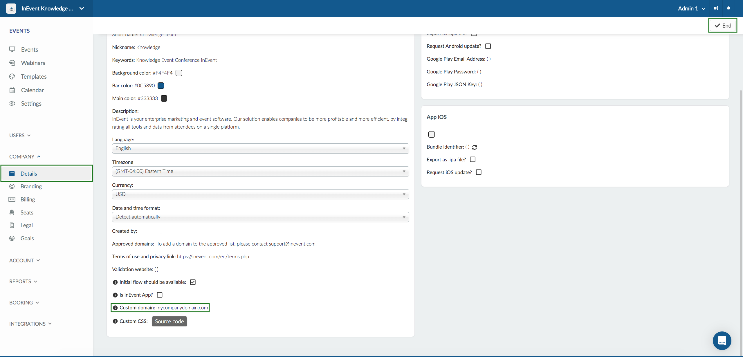 Screenshot showing the Custom domain field at the Company details page.