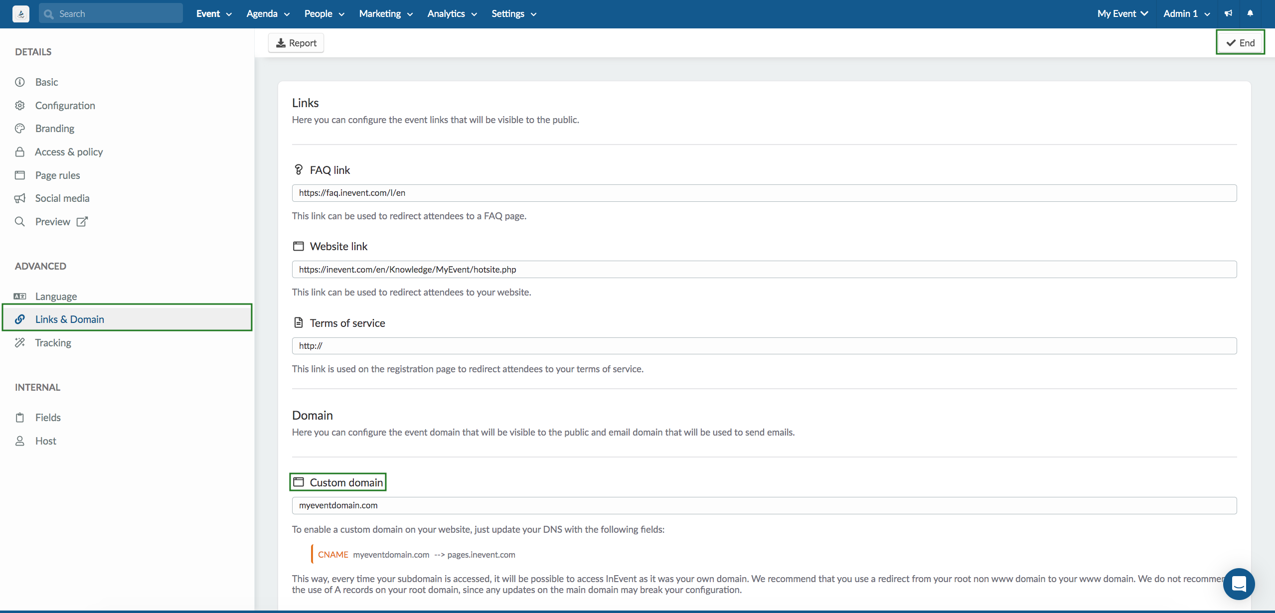 Screenshot showing the Custom domain field at the Event details page.