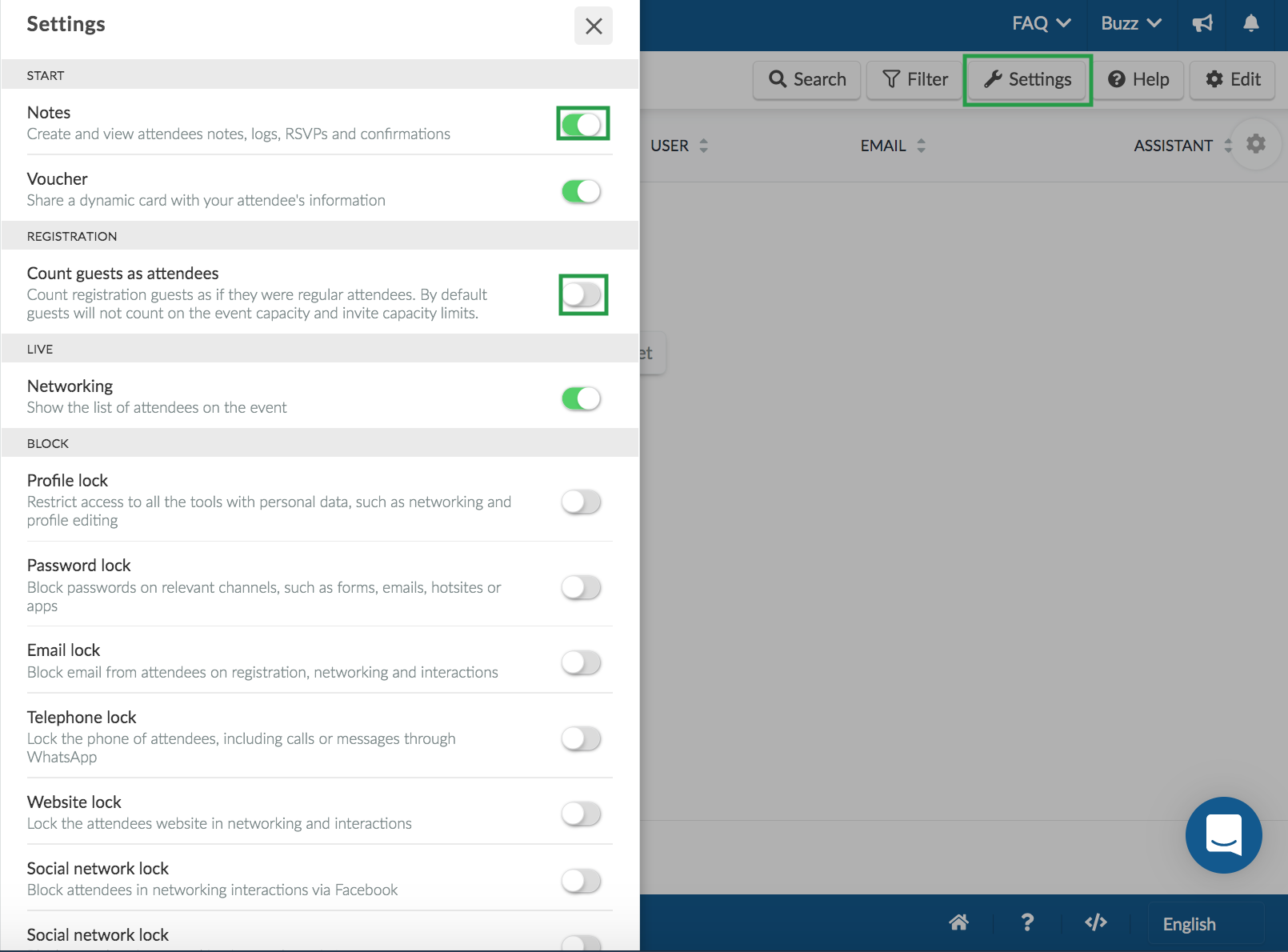 Image showing the settings of the attendees page