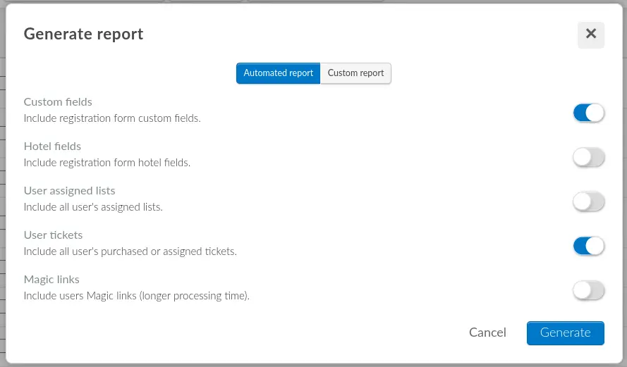 Screenshot showing the Generate a report pop-up box in the Attendees page.