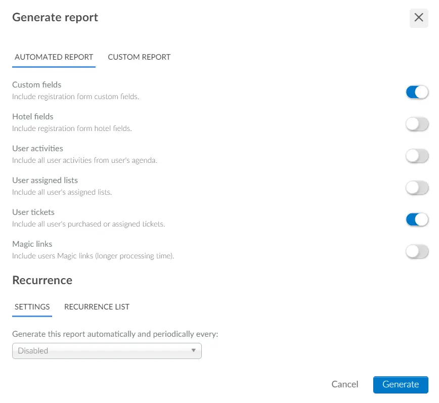 Screenshot showing the Generate a report pop-up box in the Attendees page.