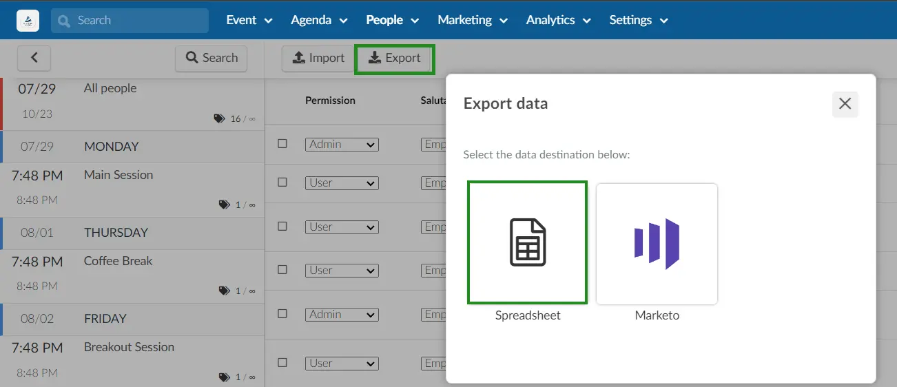 Export data pop up box