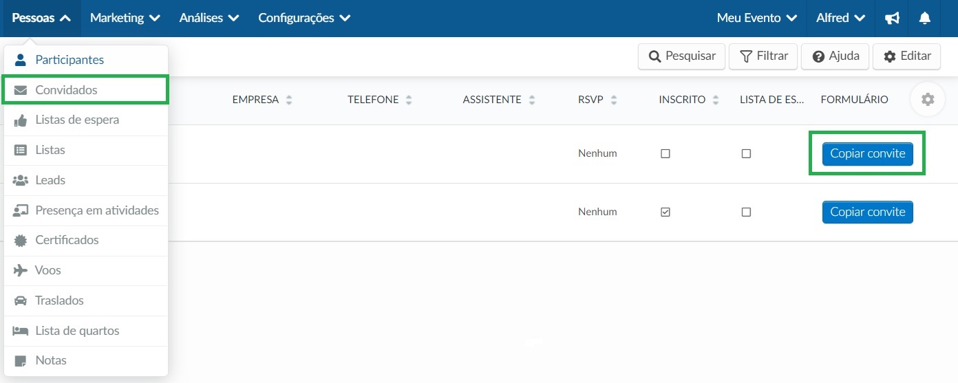 Screenshot do botão de copiar convite.