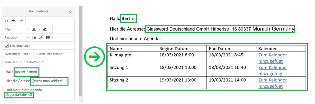 Beispiel für die Anzeige dynamischer Inhalte in einer E-Mail