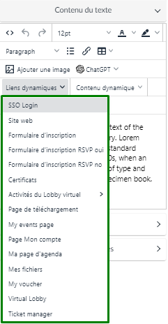 Capture d'écran montrant les options des liens dynamiques