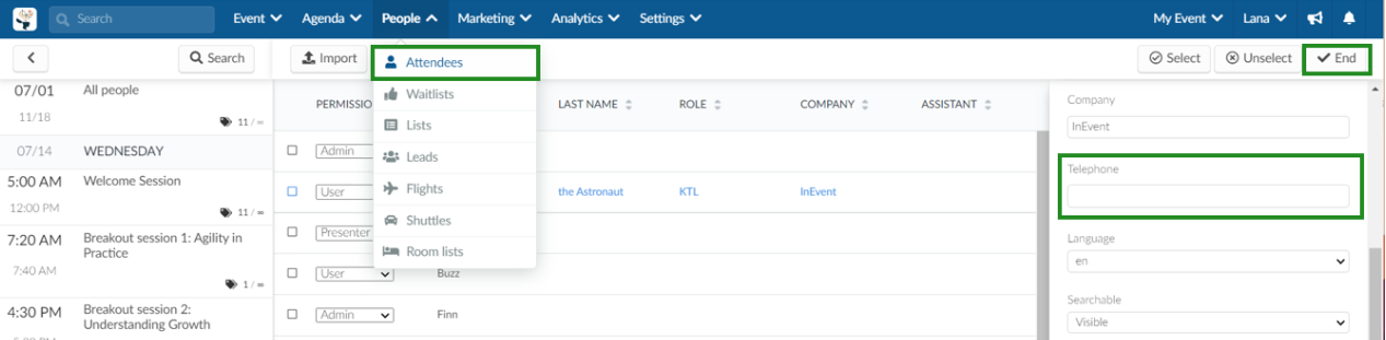 Adding or editing the telephone number via platform