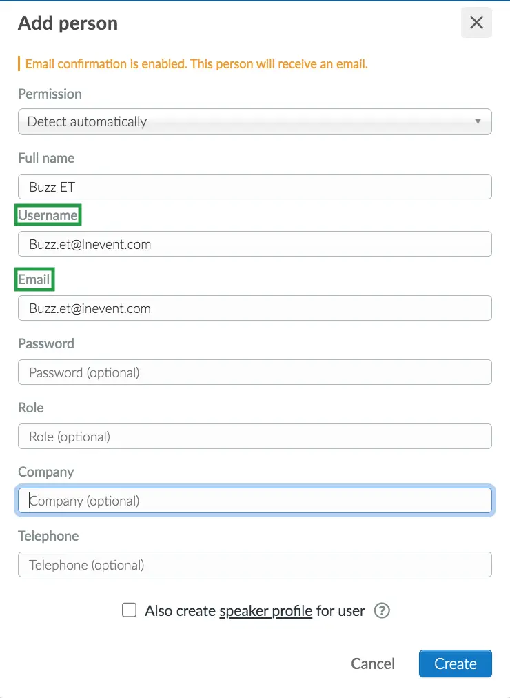Image showing Email and Username fields when adding attendees