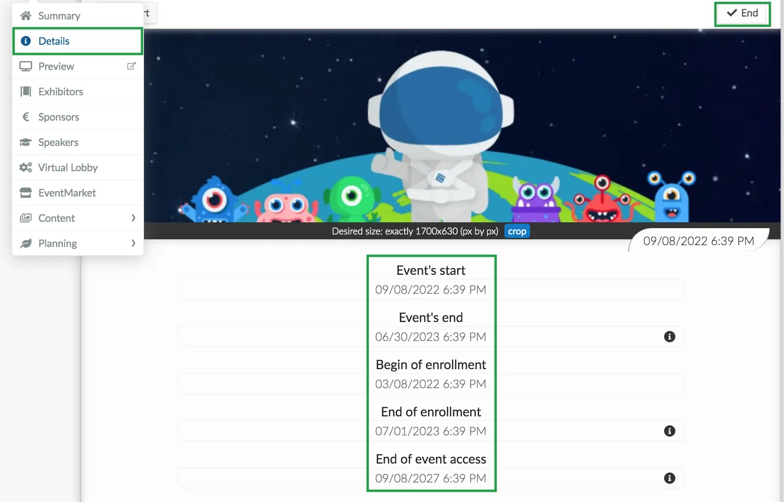 image showing Event details timings of start, end dates of the event as well as enrollment, and access