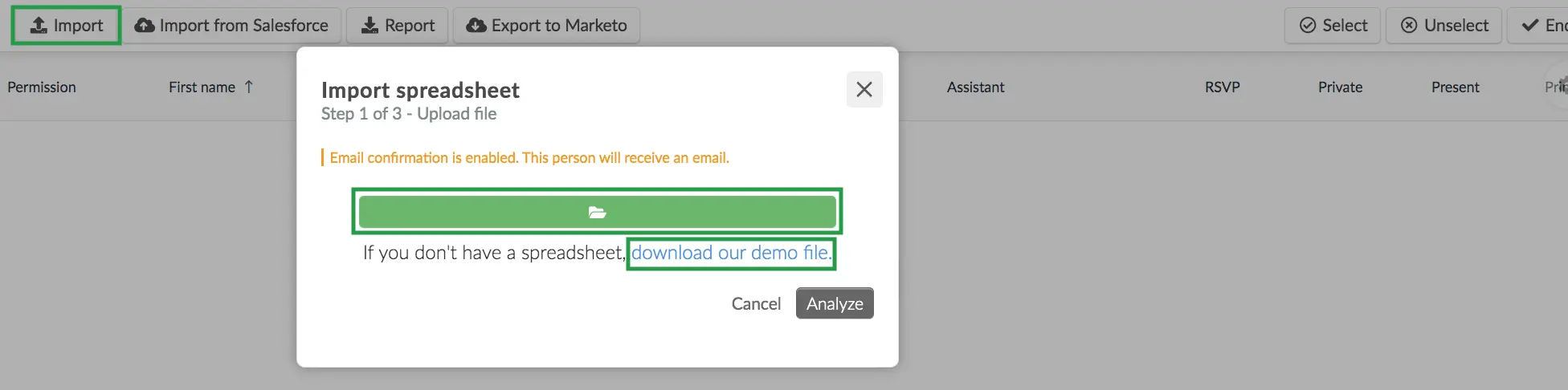 Image showing importing spreadsheets and downloading demo files from the same page