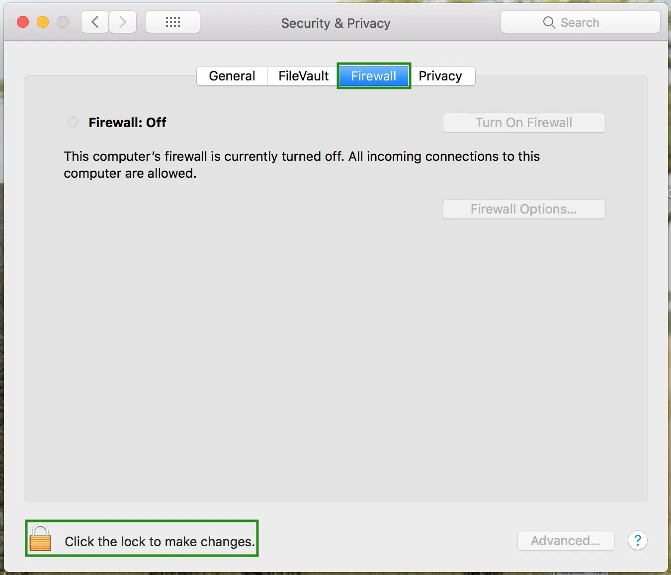 Image showing Firewall OFF and how to unlock to turn it on