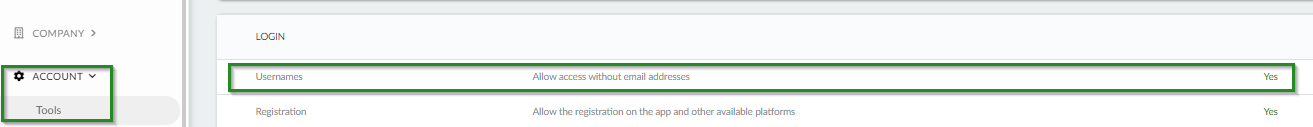 Screenshot of company level >account>username