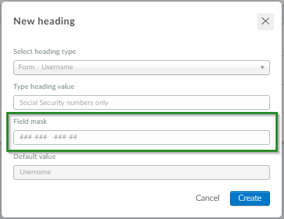 Screenshot of steps Headings>New headings>Form> Username