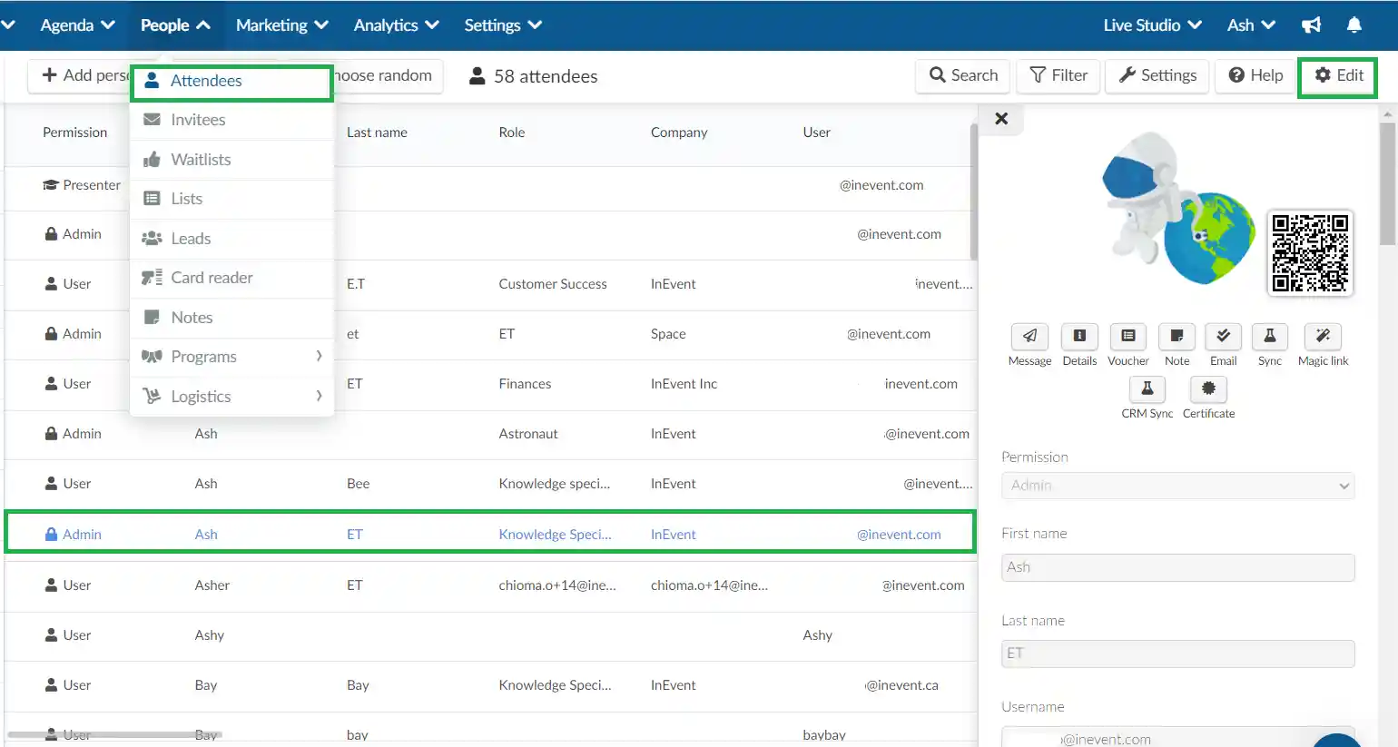 Selecting an attendee with admin permissions