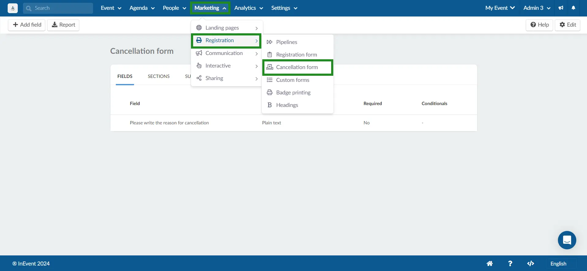 Image showing how to navigate cancellation form i.e. Marketing, Registration, Cancellation form. 