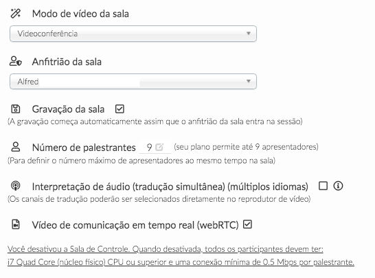 Barra de seleção do modo de vídeo da sala