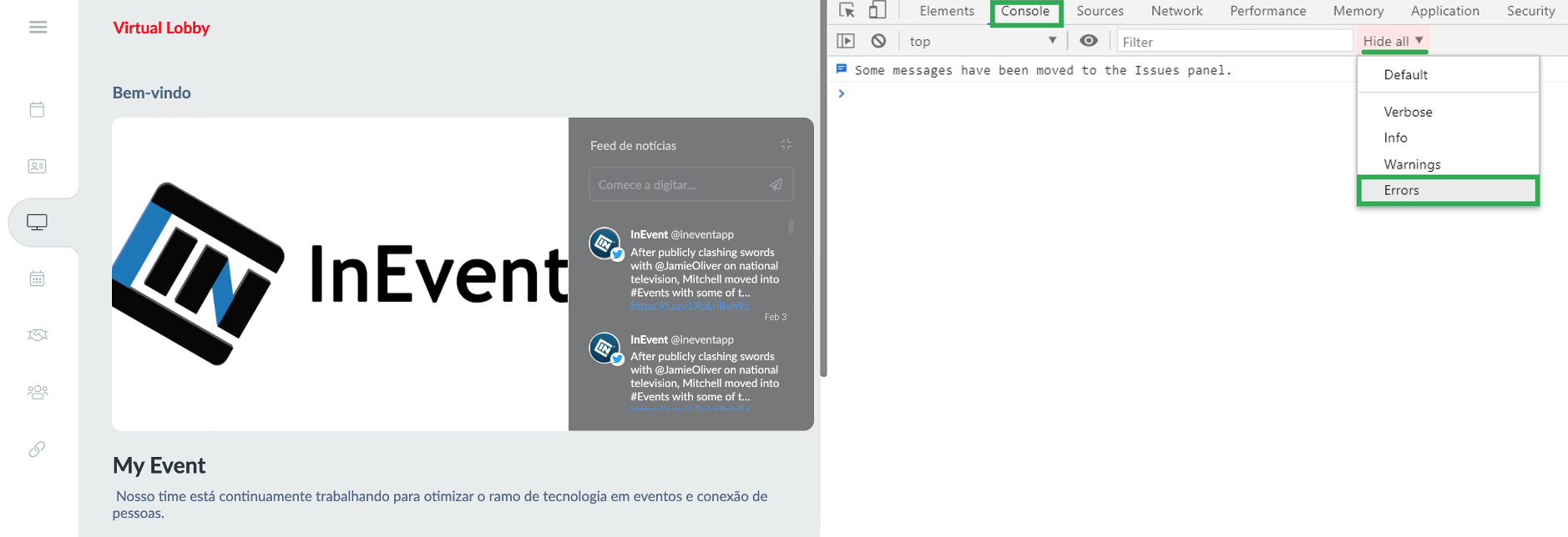 Clicando em console para encontrar os erros da página