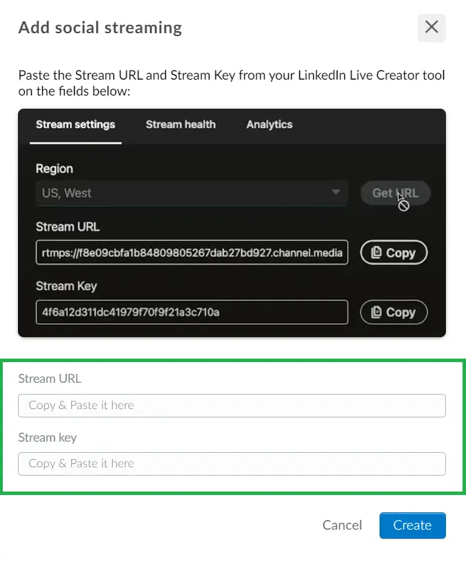 Stream URL and Stream Key from LinkedIn Live Creator