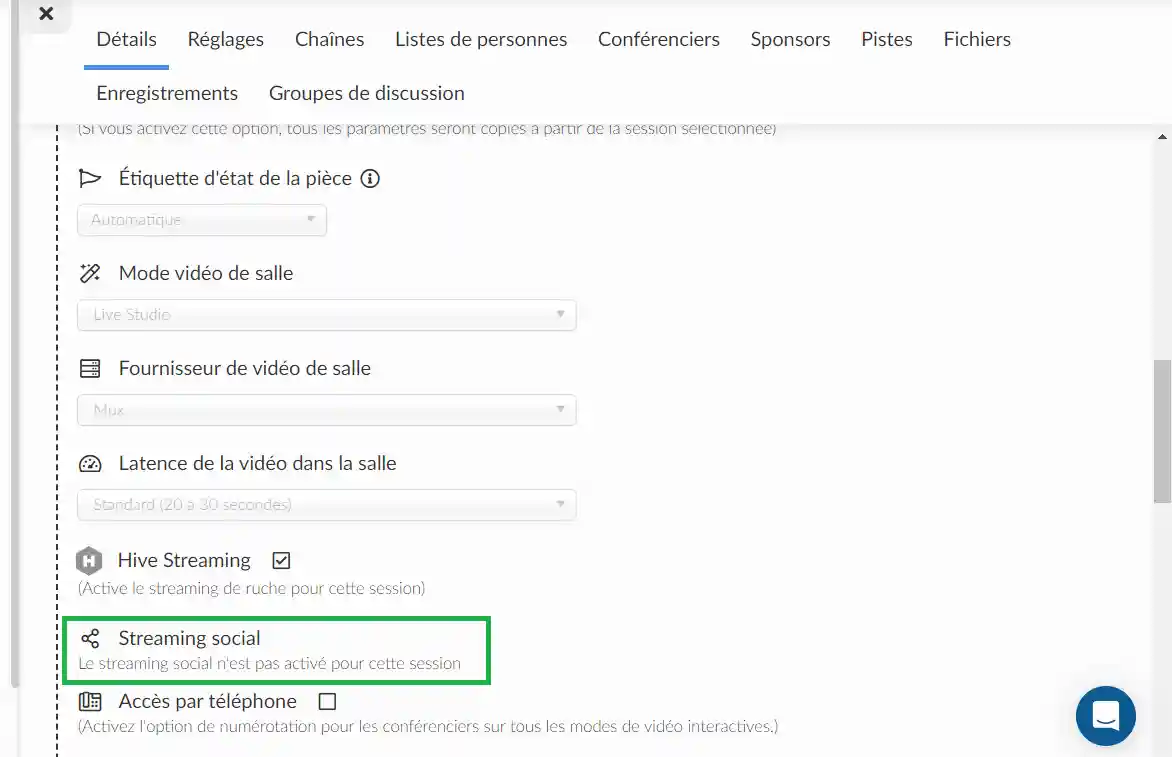 bouton de streaming social dans les détails de l'activité