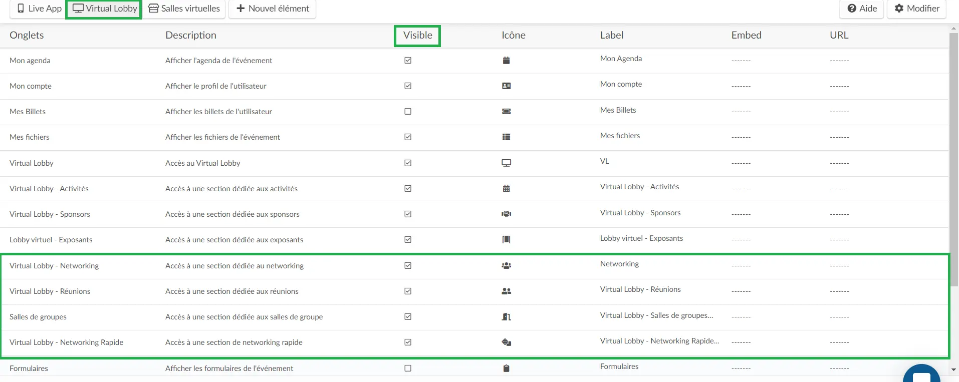 Activez les onglets de Networking sur le Virtual Lobby