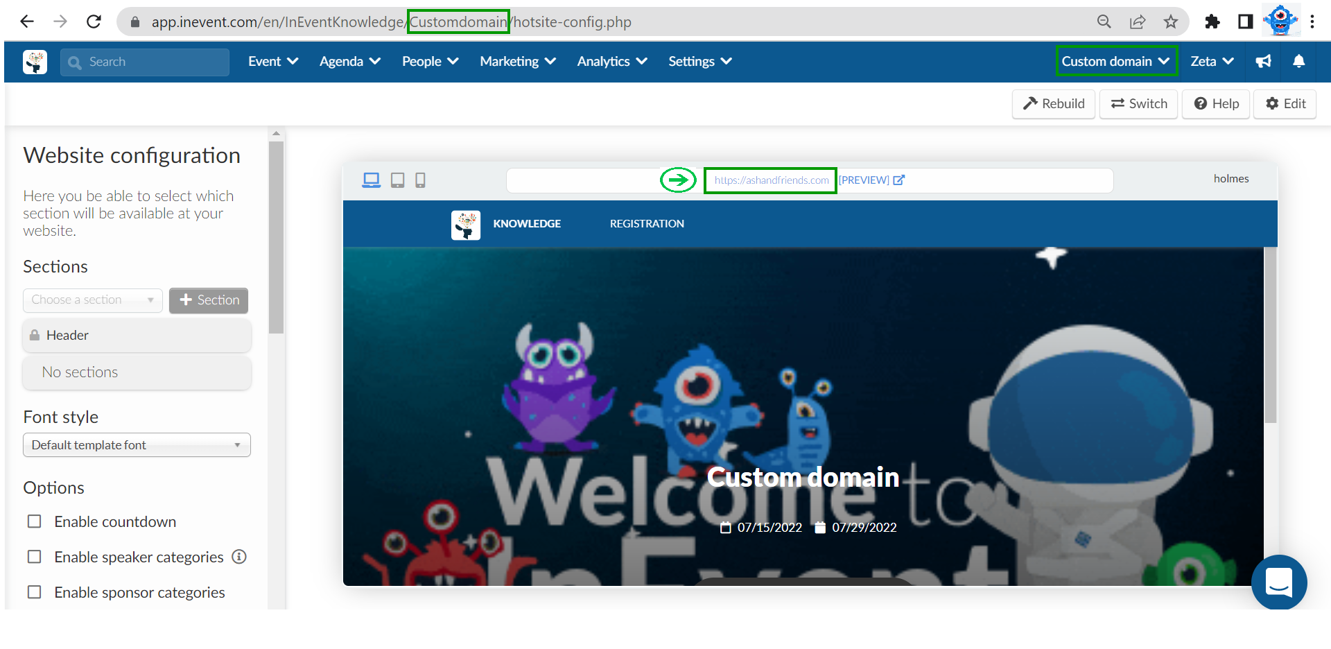 screenshot showing the website name using a custom domain