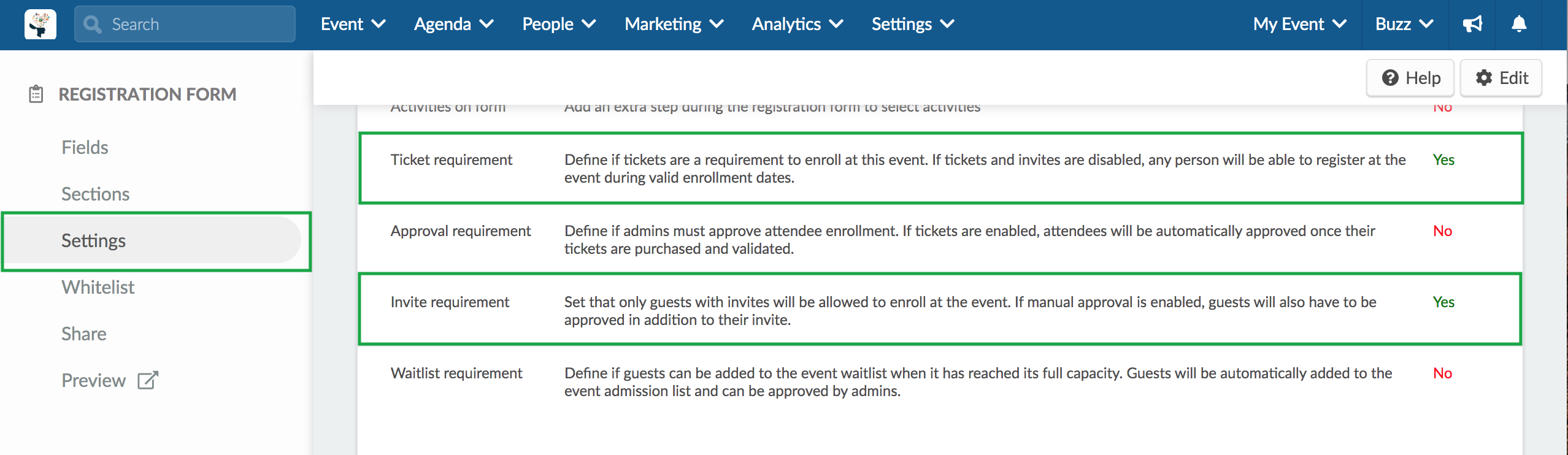 Image showing the settings field's invite and ticket requirements
