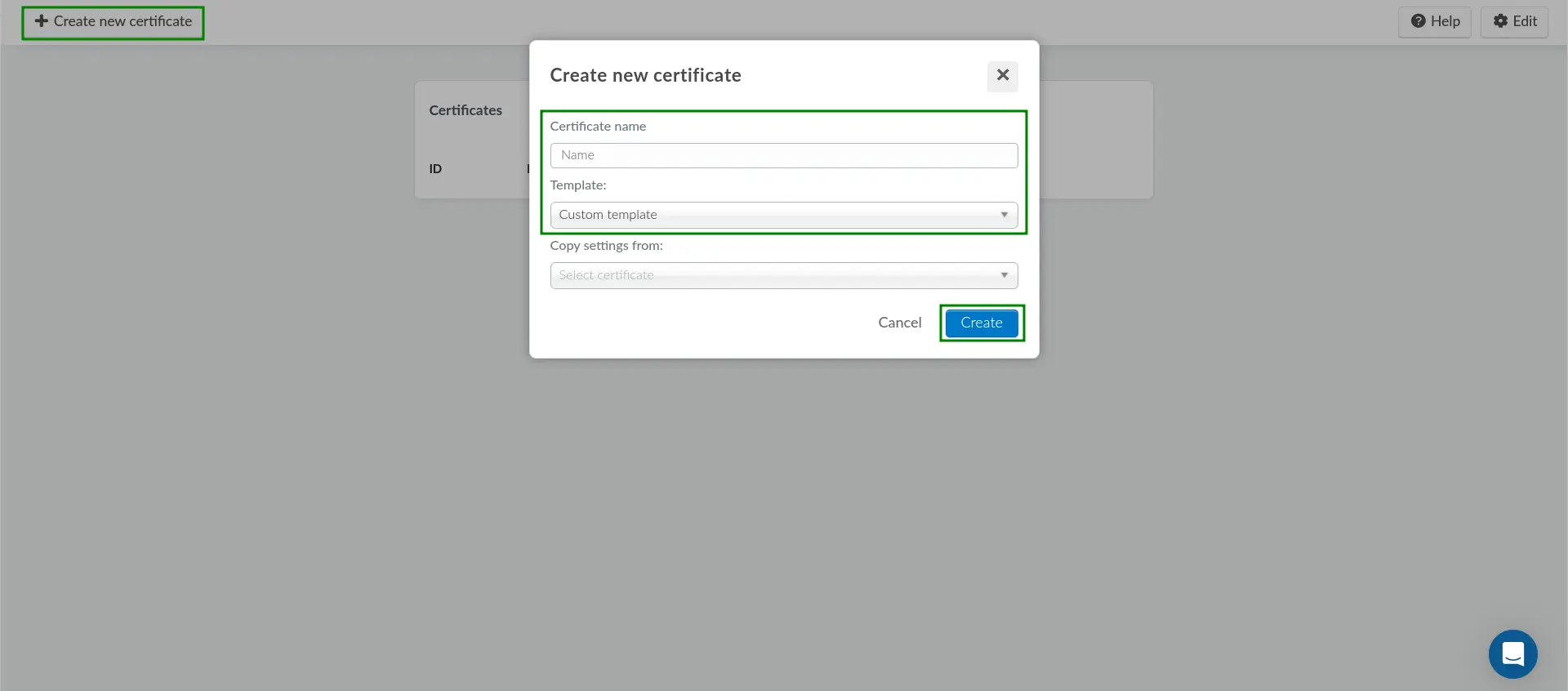 Screenshot of the Create new certificate pop-up box