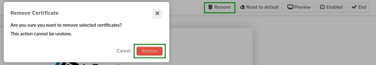 Screenshot showing the Remove certificate pop-up box