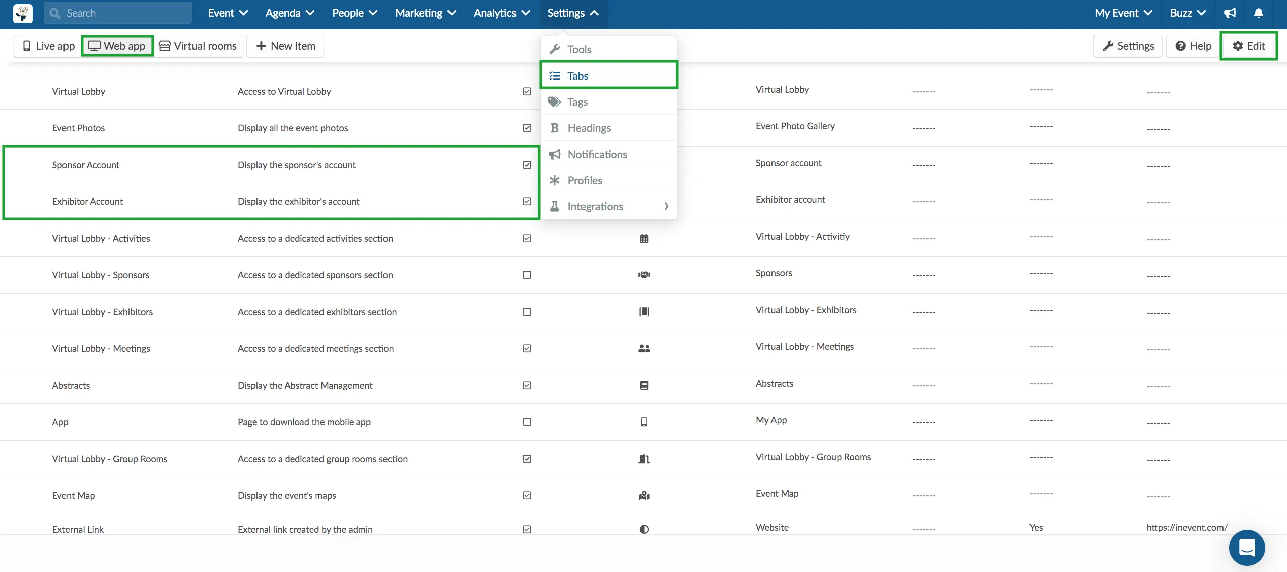 Image showing the page Settings > Tabs > Web app > Sponsor account and Exhibitor account