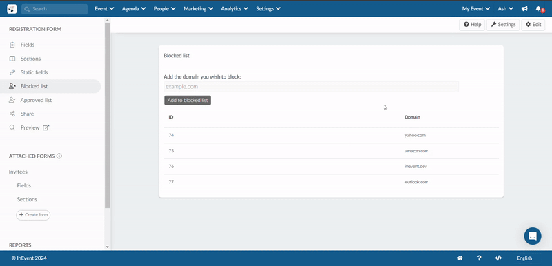 Image showing how to delete an email domain from the blocked list