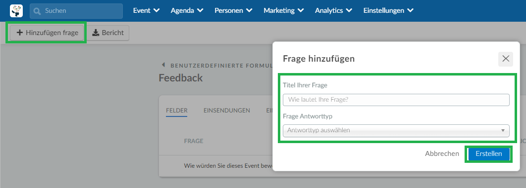 Screenshot of steps to add question