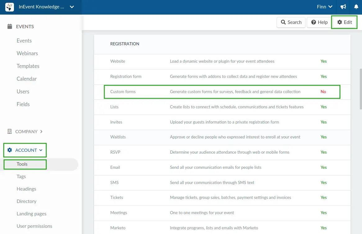 Custom forms under the Registration section