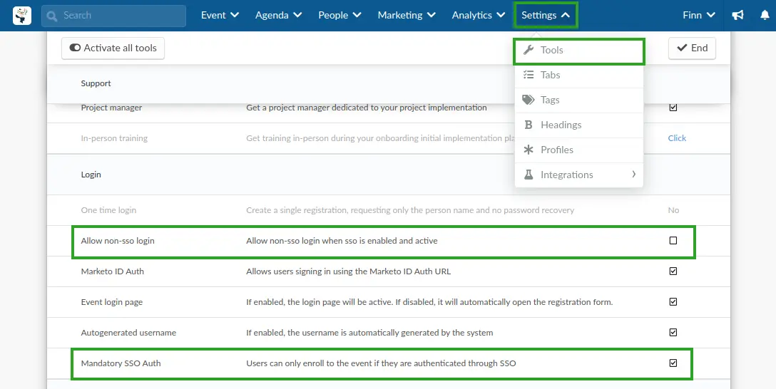 Screenshot showing the Event tools interface with Mandatory SSO Auth enabled and Allow non-sso login disabled.