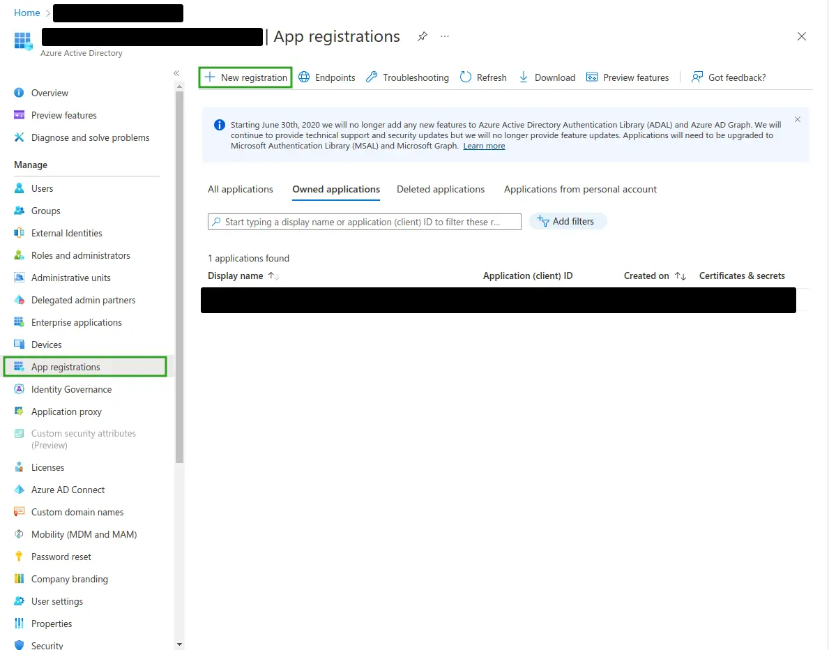 Setting up your app in Azure Active Directory > New registration