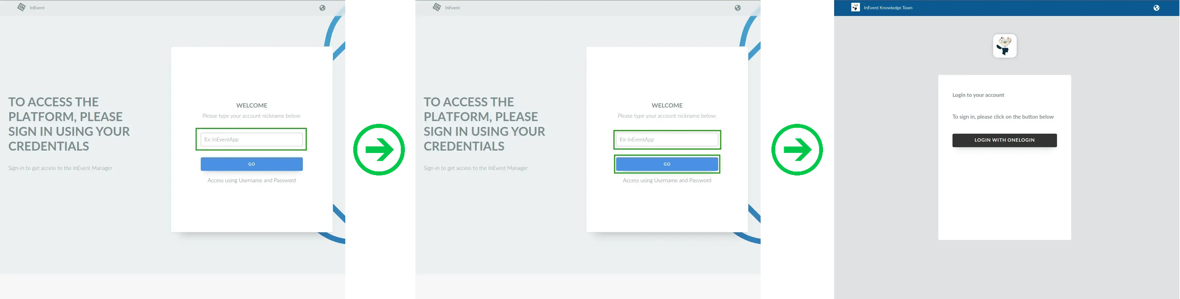 Screenshots showing the log in flow using an Enterprise account.