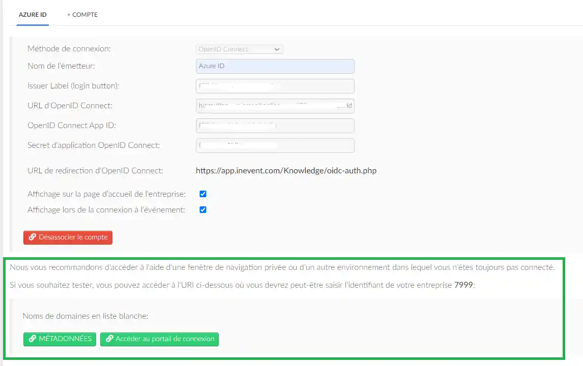 Capture d'écran montrant les détails de Azure AD (OIDC) configurés et les informations ajoutées.