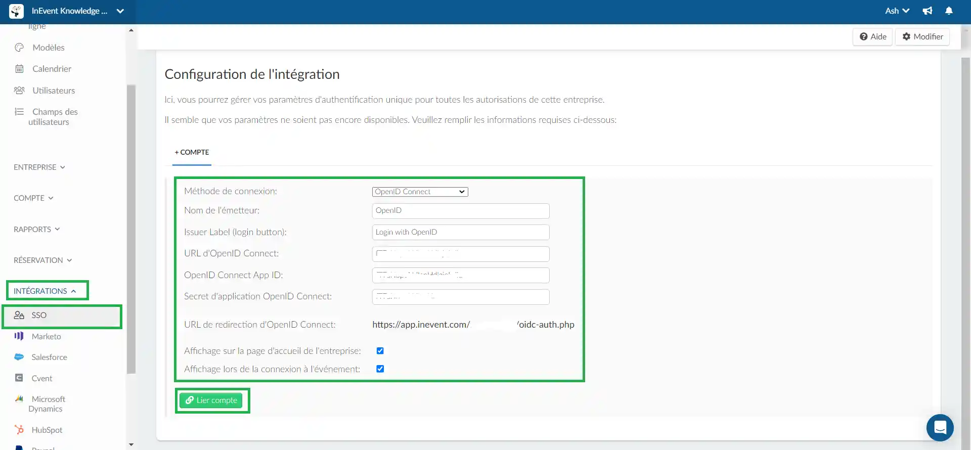 Capture d'écran montrant la configuration de l'intégration SSO d'OpenID Connect.