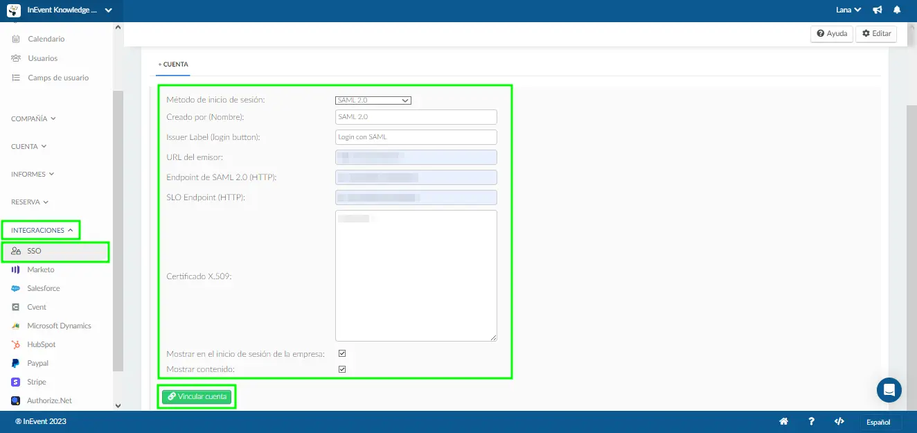 Vincular cuenta con SAML 2.0