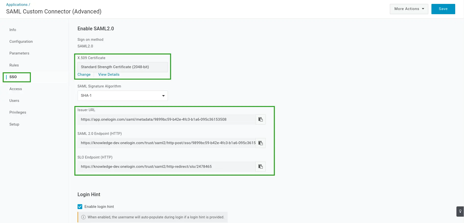 Screenshot showing the SSO details page at the OneLogin administrator panel.