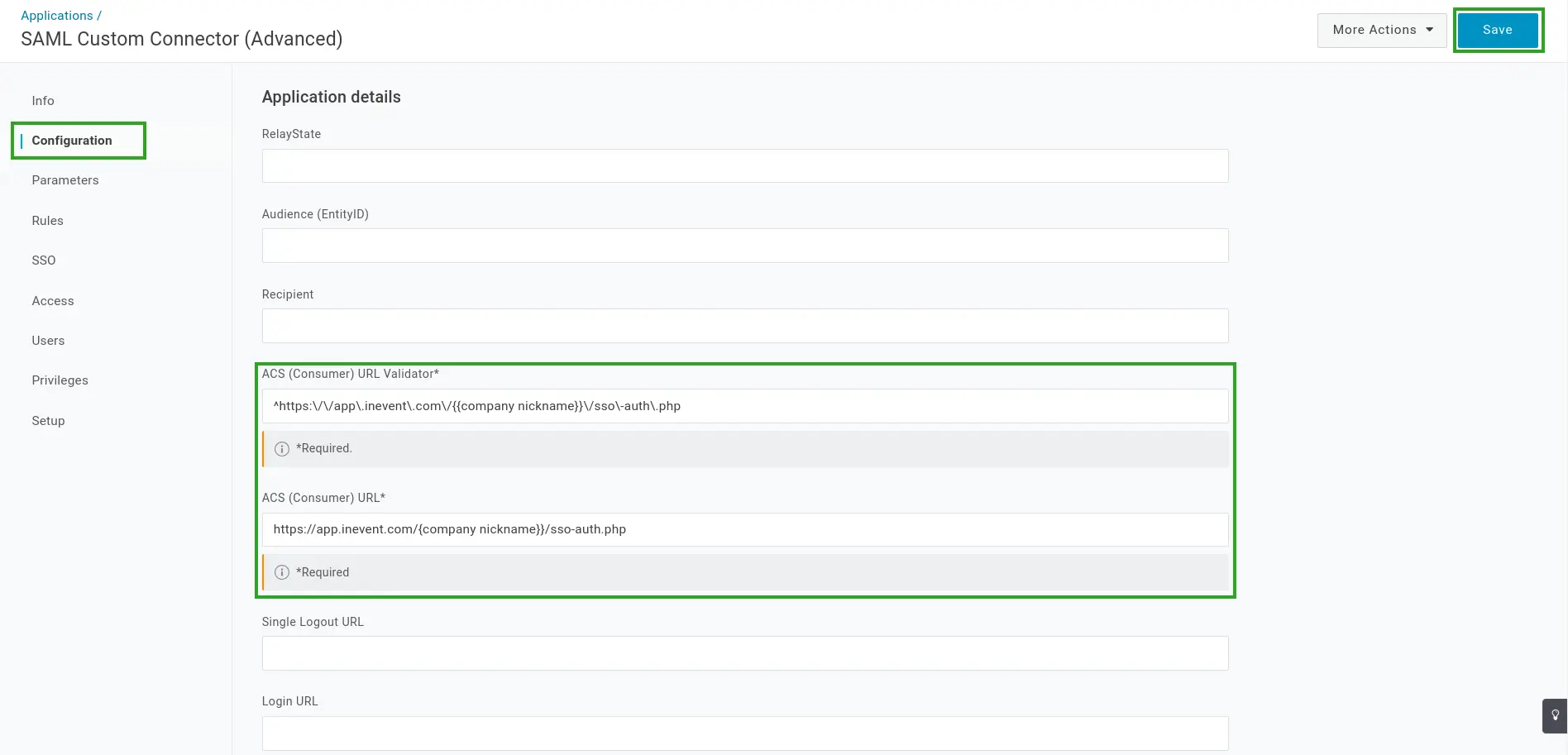 Screenshot showing the SSO Configuration page at the OneLogin administrator panel.