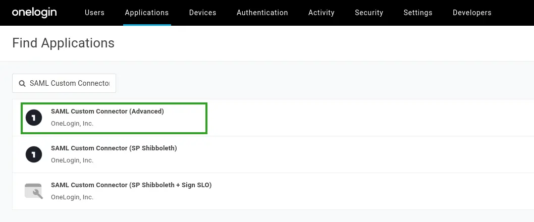 Screenshot showing the SAML Custom Connector (Advanced) selection at OneLogin.