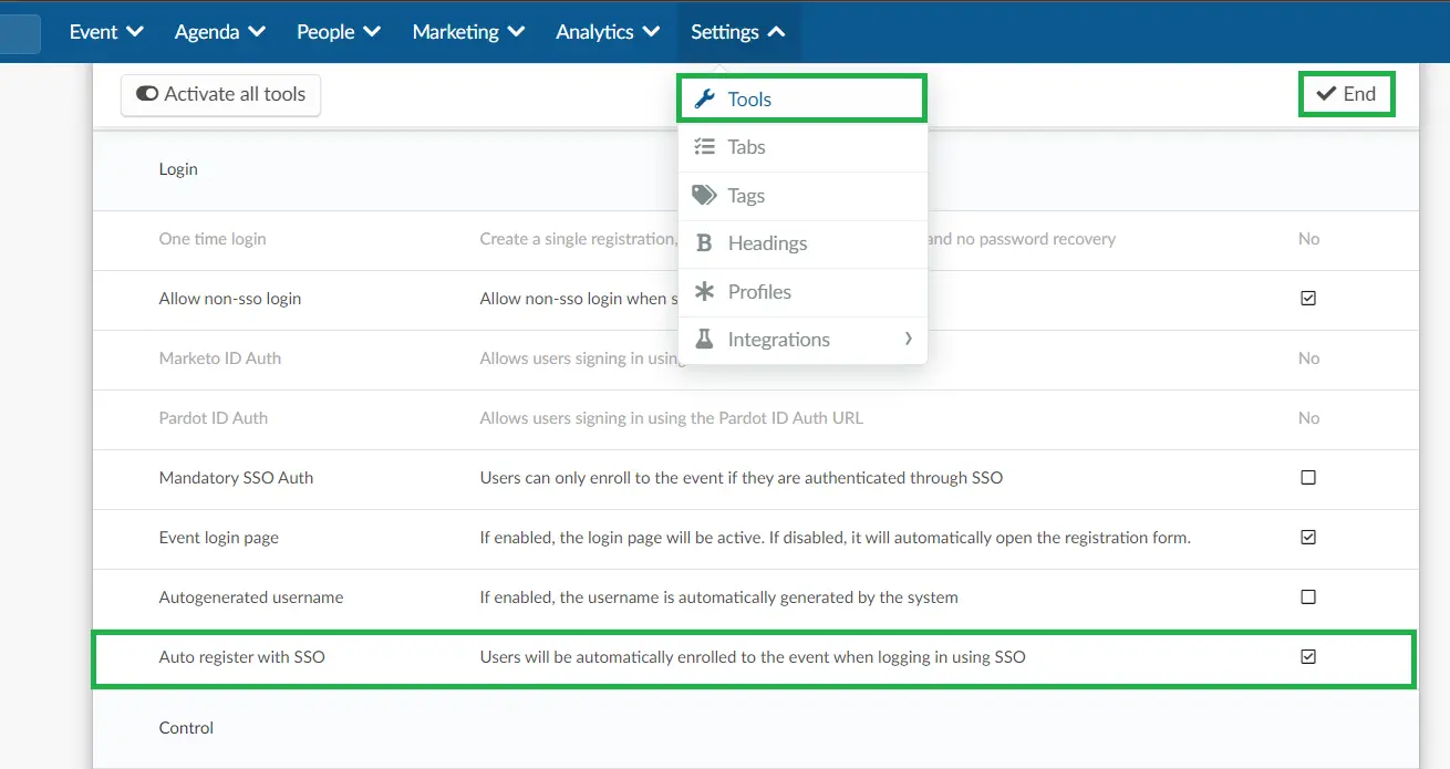 GIF showing how to enable the the Auto register with SSO tool within Event tools.