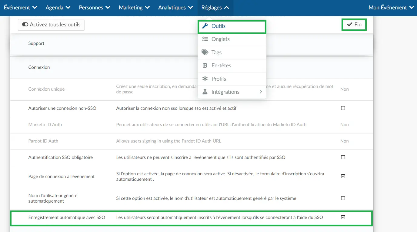 Activation de l'outil Enregistrement automatique avec SSO